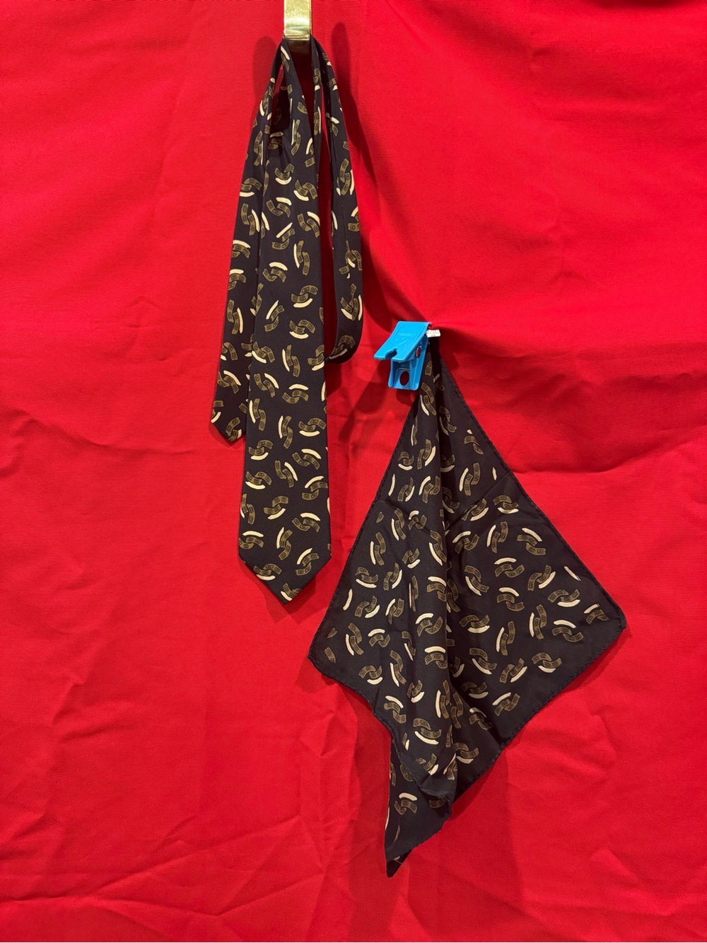 Pierre Balmain Black Silk Tie and Pocket Square with Gold Motif